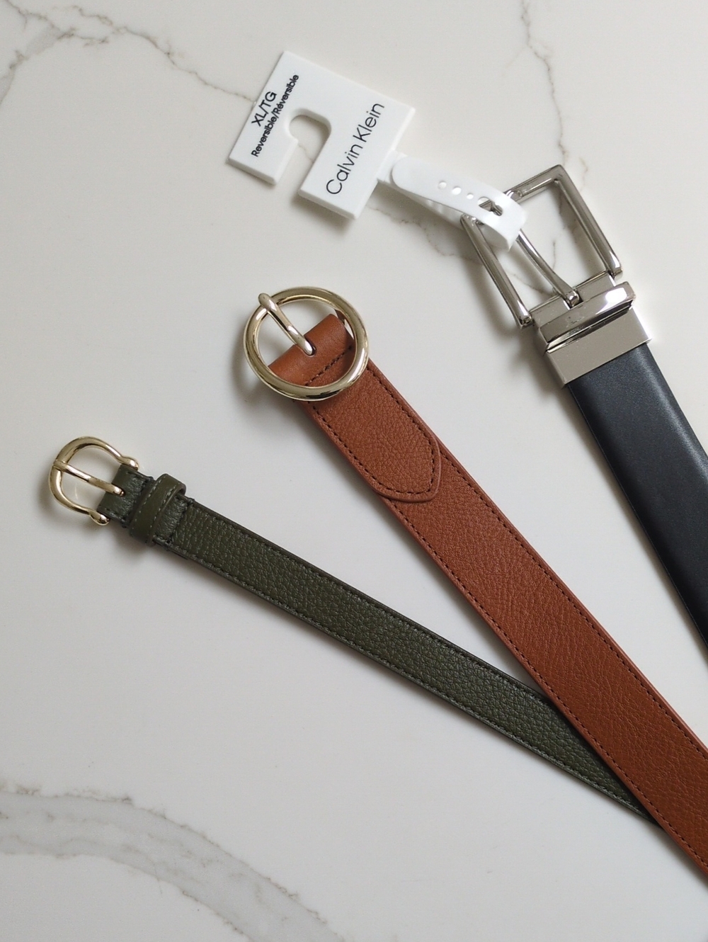 Trio Of Leather Belts in Brown, Olive & Black